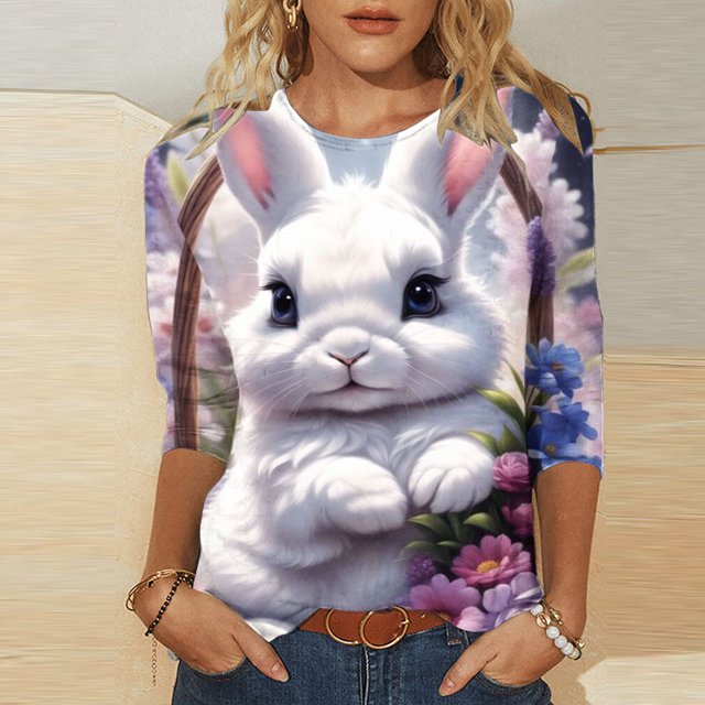 EGNMCR Easter Print Shirts T-Shirts Graphiques pour Femmes T-Shirts Décontractés Mode Imprimé Manches 3/4 Col Rond Blouse Froncée T-Shirts pour Femmes