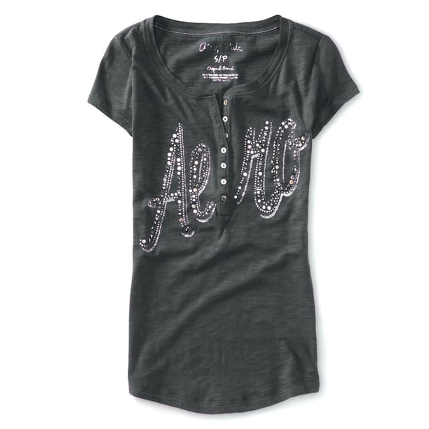 Camiseta Henley Aeropostale con Diamantes de Imitación para Mujer Gris Pequeña Henley