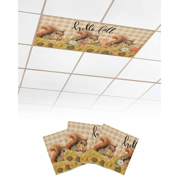 Fluorescent Light Covers for Ceiling Lights 3 Pack, Hello Fall Magnetic Ceiling Light Covers 2x4ft for Classroom Office School, Orange Plaid Squirrel Sunflower Thanksgiving Drop Ceiling Light Shade