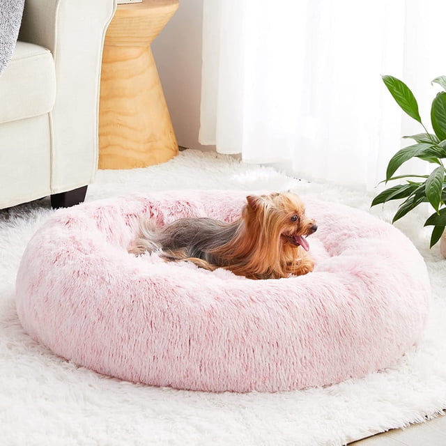 Wnpethome Cama Calmante Para Perros Y Gatos Donut De Piel Sintética Autocalentable Donut Cuddler Cómodas Camas Redondas De Felpa Para Mascotas (27 X 27 X 8 Pulgadas, Rosa Claro)