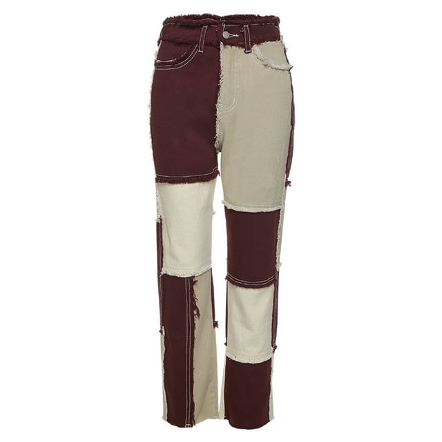 Kmbangi Jeans à Blocs de Couleur Patchwork pour Femmes + Pantalon en Denim Taille Haute