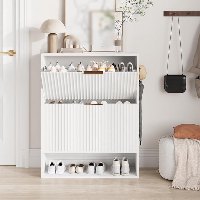 Modern Fluted Shoe Cabinet, Freestanding Narrow Shoe Storage Organizer with 2 Flip Drawers & Doors, Space-Saving Shoe Rack for Entryway Hallway, White