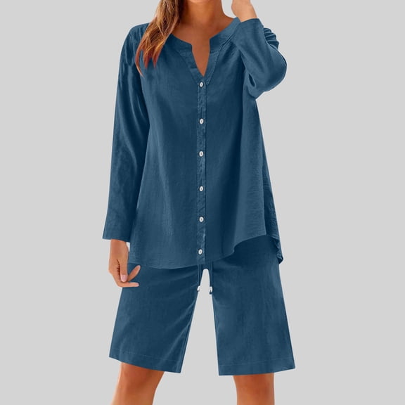 Busydd Plus Size Lounge Sets for Women Trendy Solid Color 2 Piece Sets for Women Summer Long Sleeve Button V Neck Blouses and Shorts Travel Casual Outfits for Women L