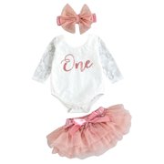 BABAMOON Infant Baby Girls My First Birthday Outfits Lace Romper Tutu Skirt Headband Clothing Set