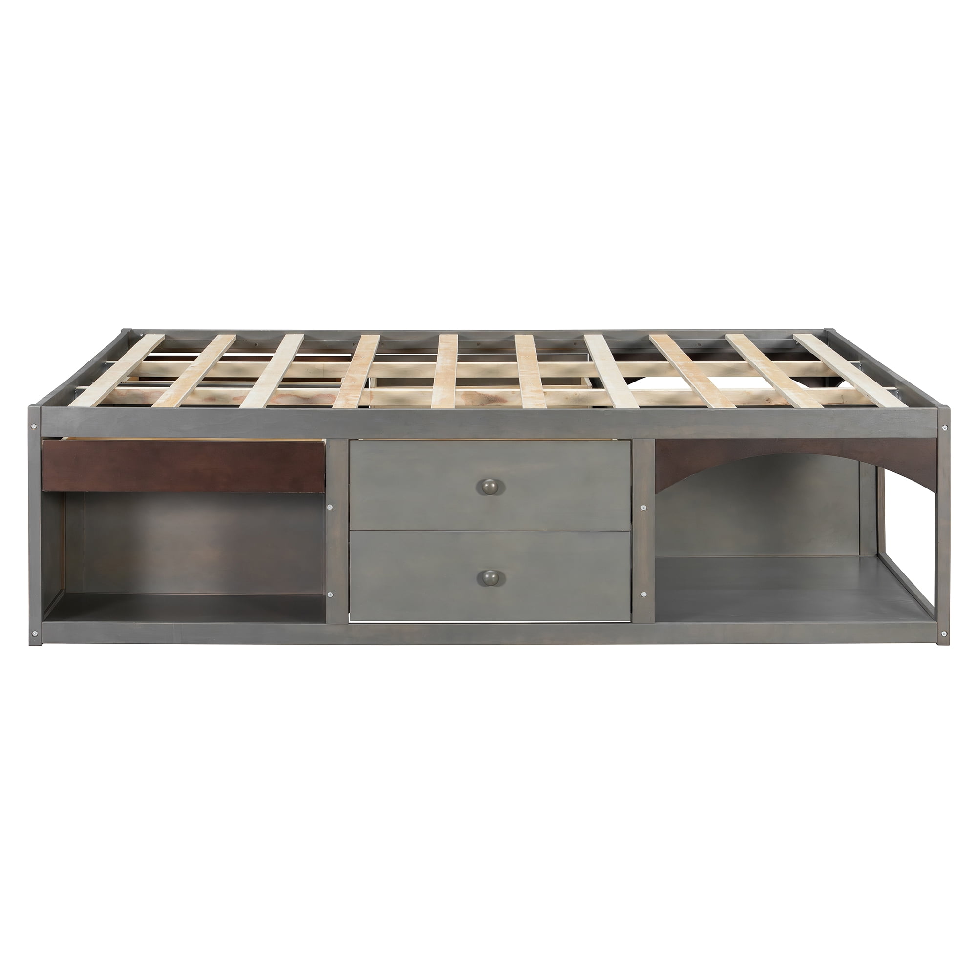 King Size Platform Bed with 2 Storage Drawers, Lighted Under-Bed Open Pet Space, No Headboard