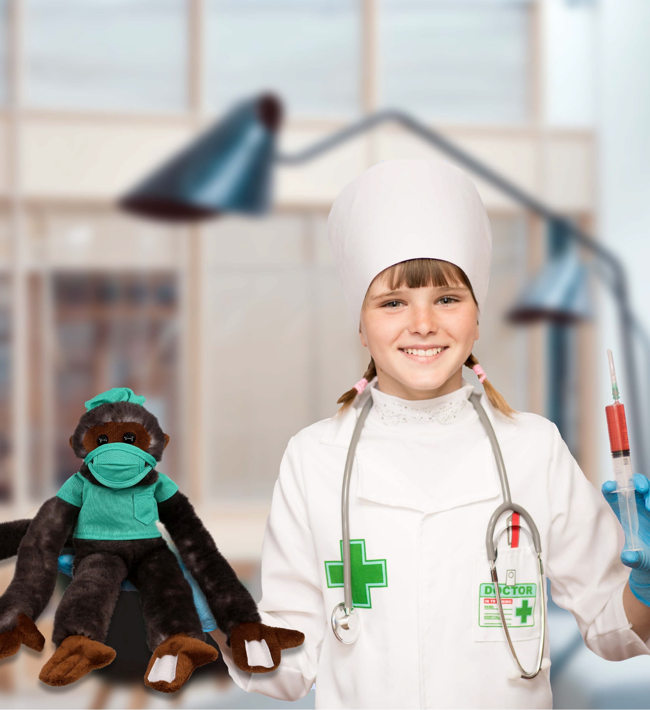 DolliBu Black Capuchin Monkey Doctor Plush Toy - Super Soft Monkey Doctor Stuffed Animal Dress Up with Cute Scrub Uniform and Cap Outfit - Fluffy Doctor Toy Plush Gift - 21 Inch