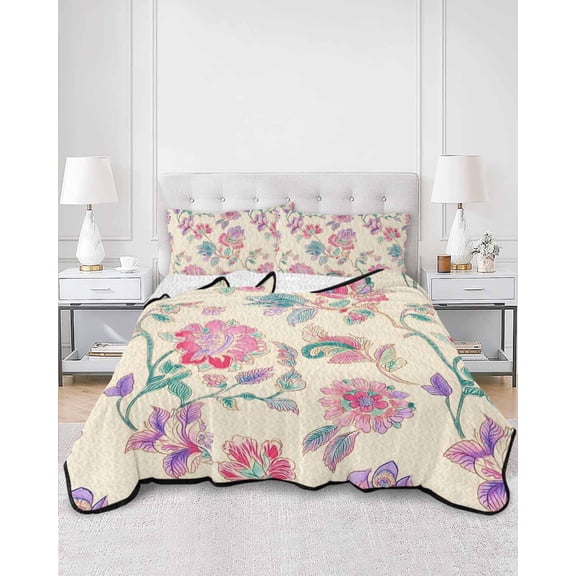 Quilts King Size, Retro Floral Soft Comforter Bedding Set for Bed, Farmhouse Botanical Leaves Flowers Lightweight Quilted Bedspread with Pillow Cover(2 Pieces) for All Season, 96x106 Inch