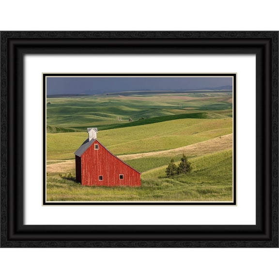 Jones, Adam 32x23 Black Ornate Wood Framed with Double Matting Museum Art Print Titled - Red barn in valley of rolling farm fields-Palouse agricultural region of western Idaho