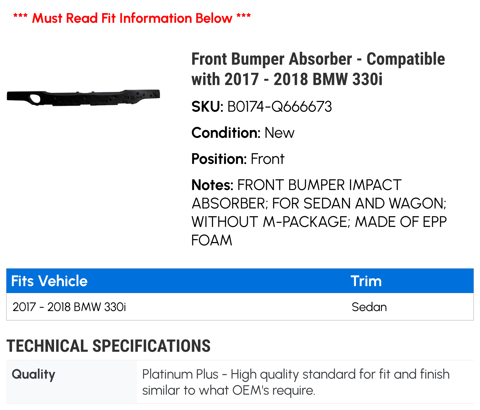 Front Bumper Absorber - Compatible with 2017 - 2018 BMW 330i