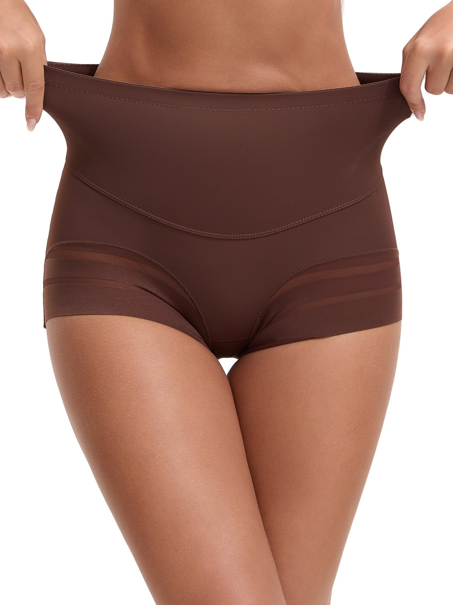 Unique Bargains Tummy Control Shapewear Stripe Mesh Underwear Panties M Coffee