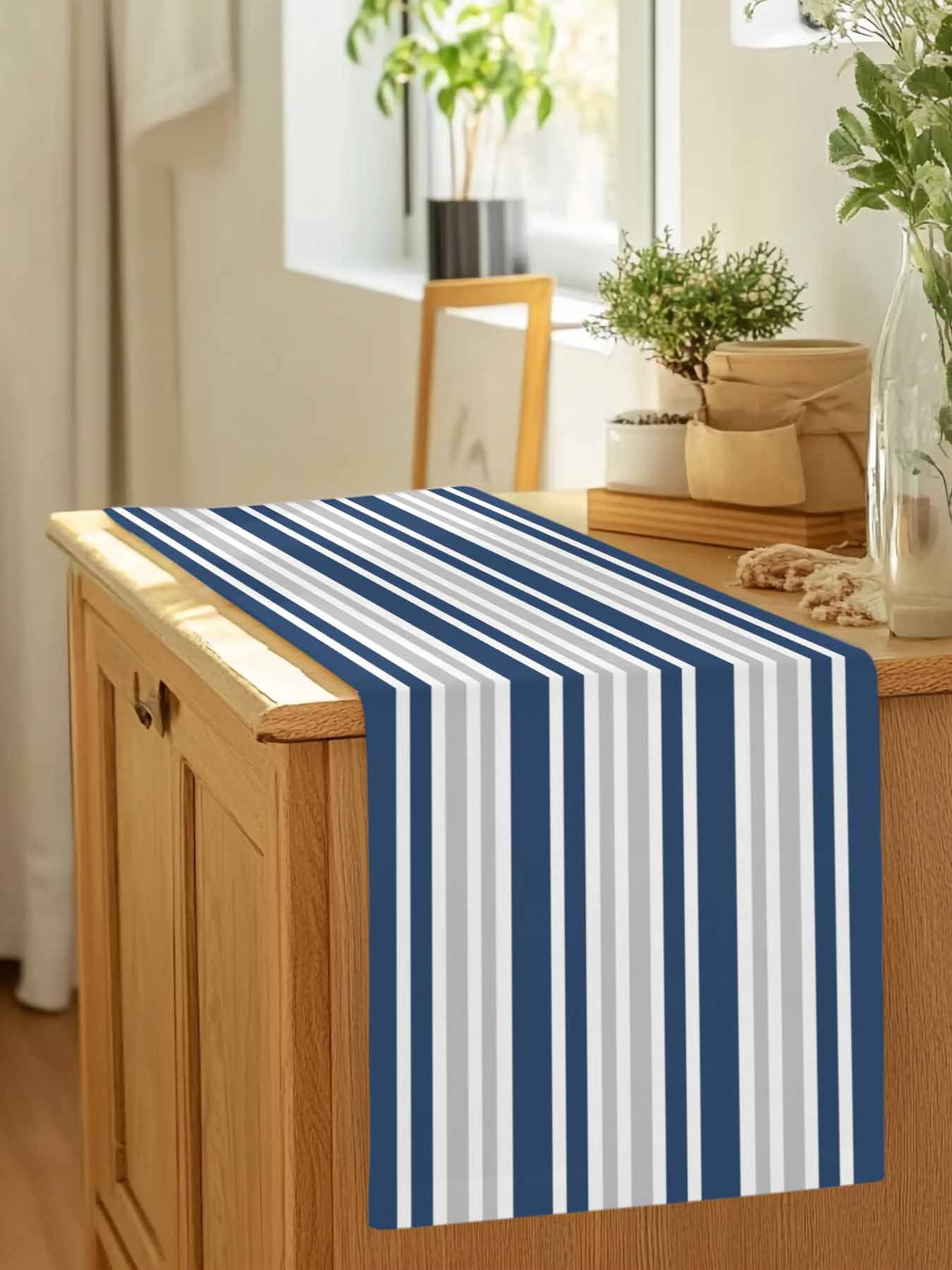 Classic Modern Striped Table Runner 90 Inches Long, Grey White Navy Blue Table Runners Tabletop Scarf Kitchen Dining Tables Decoration for Home Party Indoor Outdoor