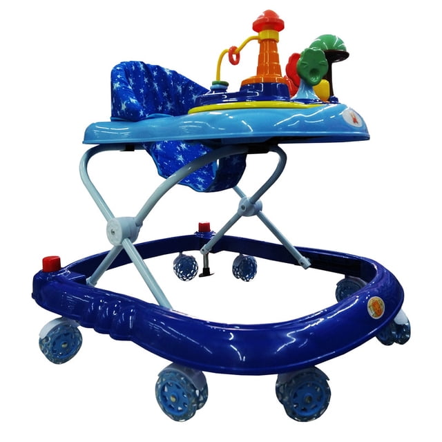 andadera babytek honguito azul, andadera para bebé azul con asiento acolchado estampado, base ovalada con 8 llantas de gel y freno trasero, tablero musical y juguetes integrados, llantas con frenos independientes, ajuste en 3 alturas y charola desmontable; también suele usarse como estación de juego portátil para estimulación temprana.