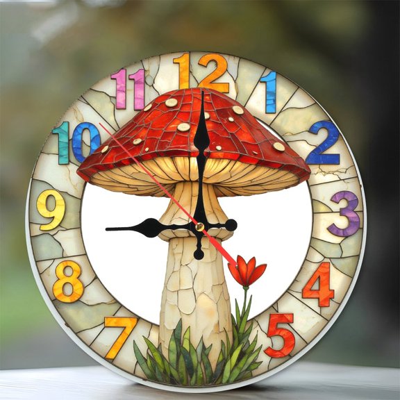 Mushroom Design Wall Clock for Home Decor 10-Inch Silent Wooden Wall Clock, Battery Operated (AA Batteries Not Included), Artistic Home Decor