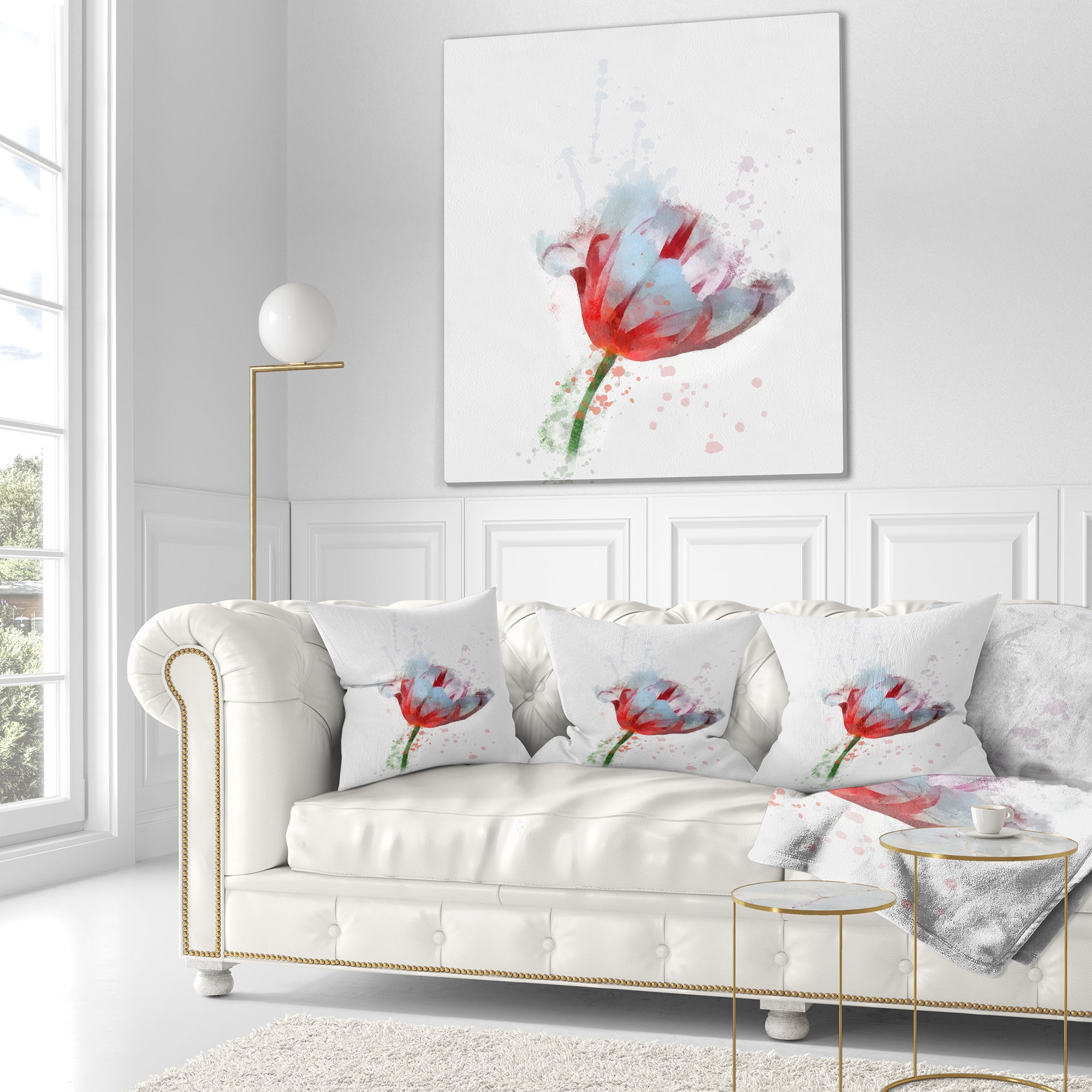 Designart Beautiful Red White Flower Sketch - Floral Throw Pillow - 16x16