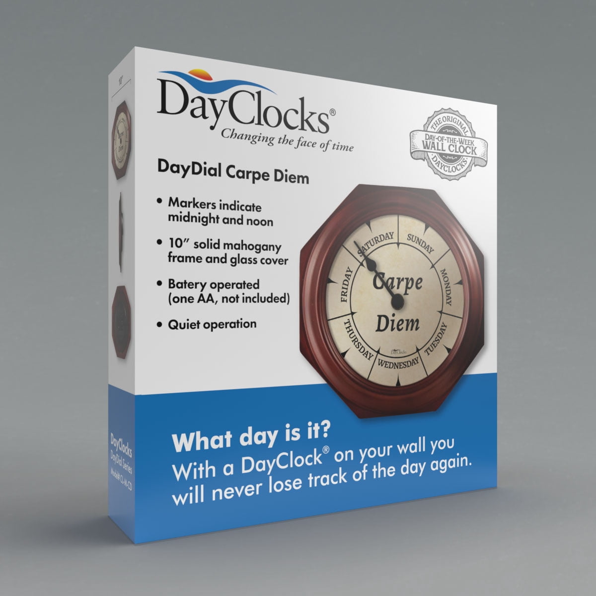 DayClocks "Carpe Diem" Day-of-the-Week Wall Clock with 10" Mahogany Wood Frame