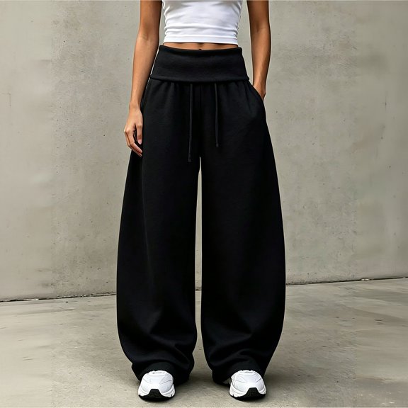 Wide Leg Sweatpants For Women Solid Tone Fold Over Waistband Pants Adjustable Drawstring Relaxed Fit Casual Sport Trousers