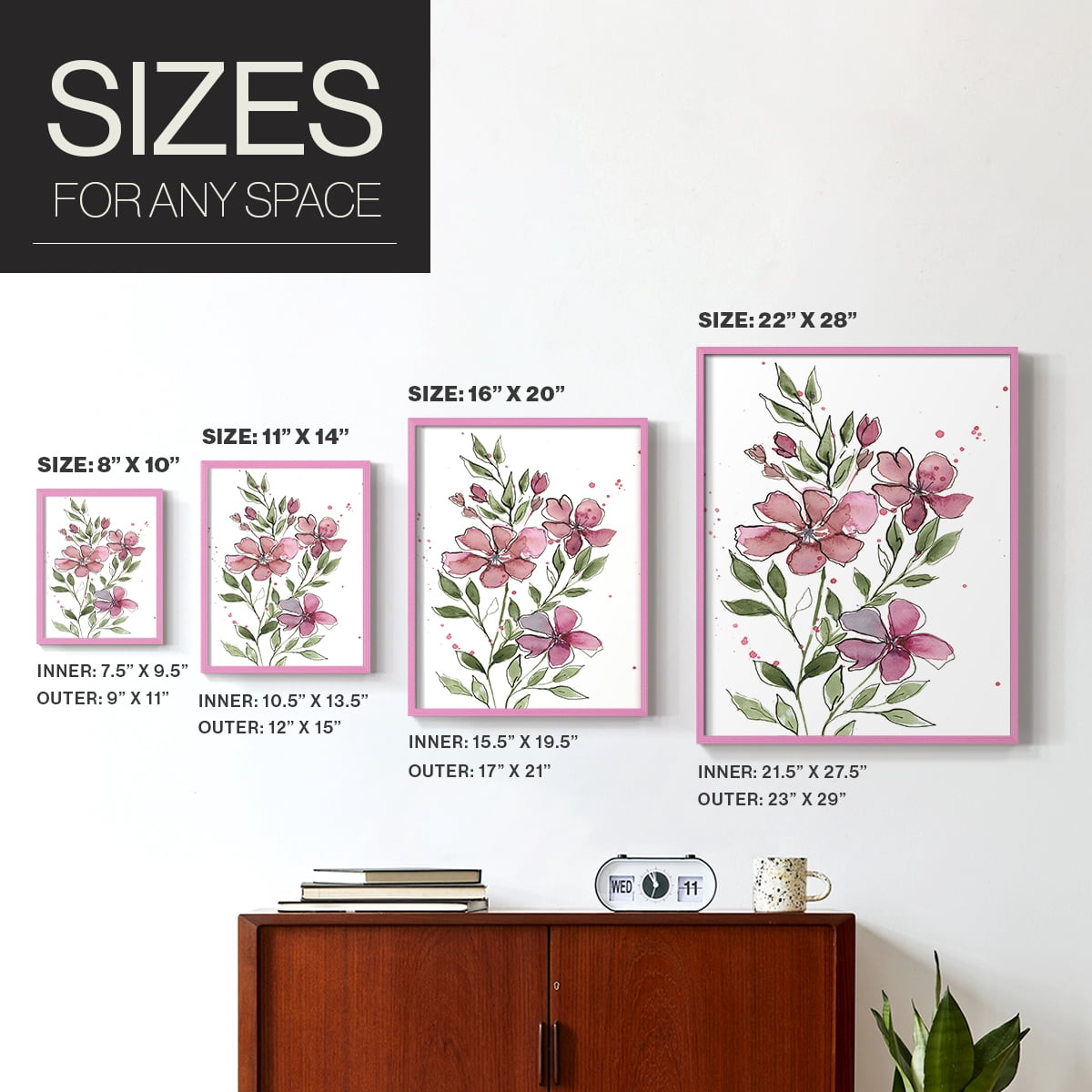 Watercolor Floral Stems I Framed Print in Pink Solid Wood 8 x 10 Framed Print