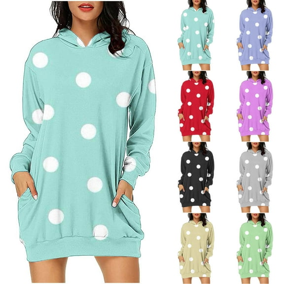 SMihono Fashion Polka Dot Hoodie Dress for Women Long Sleeve Casual Sweatshirt Dress with Pockets Cozy Spring Winter Fashion Loungwear Black 8