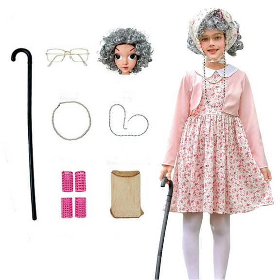 10PCS Set Dress Up Outfit for Girls Old Lady 100 Days of School with Granny Chef Apron Wig Glasses Bag Cane Accessory