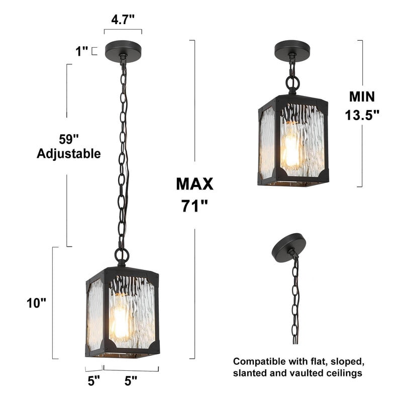 LNC Black Modern Outdoor Pendant with Water Glass Cylinder Shade, Medium LED Light