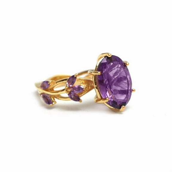 Natural Amethyst Cocktail Ring-Personalized Gold Ring- Carved Anniversary Ring-Art nouveau Jewelry-Gold Leaf Promise Ring