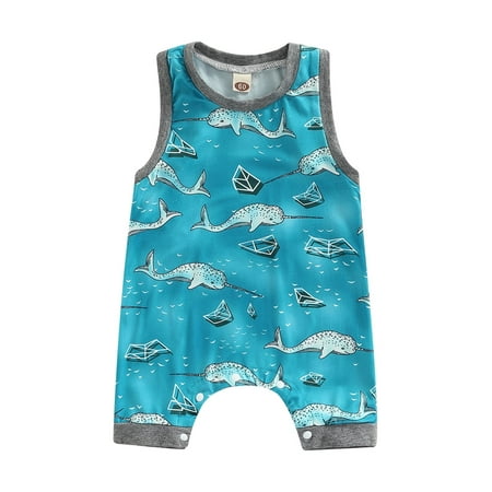 

hirigin Newborn Sleeveless Patchwork Edge Romper Marine Animals Printed Round Neck Snap Crotch Loose Fit Bodysuit