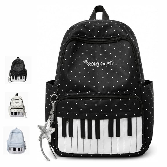 Piano Backpack polka, dot Backpack Y2k Bookbag, with Wide Padded Lightweight Adjustable Straps, Pendant, Pack Kawaii Daypack (Black)