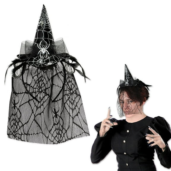 Club Pack of 12 Halloween Spider Witch Hat Headband with Veil 12"