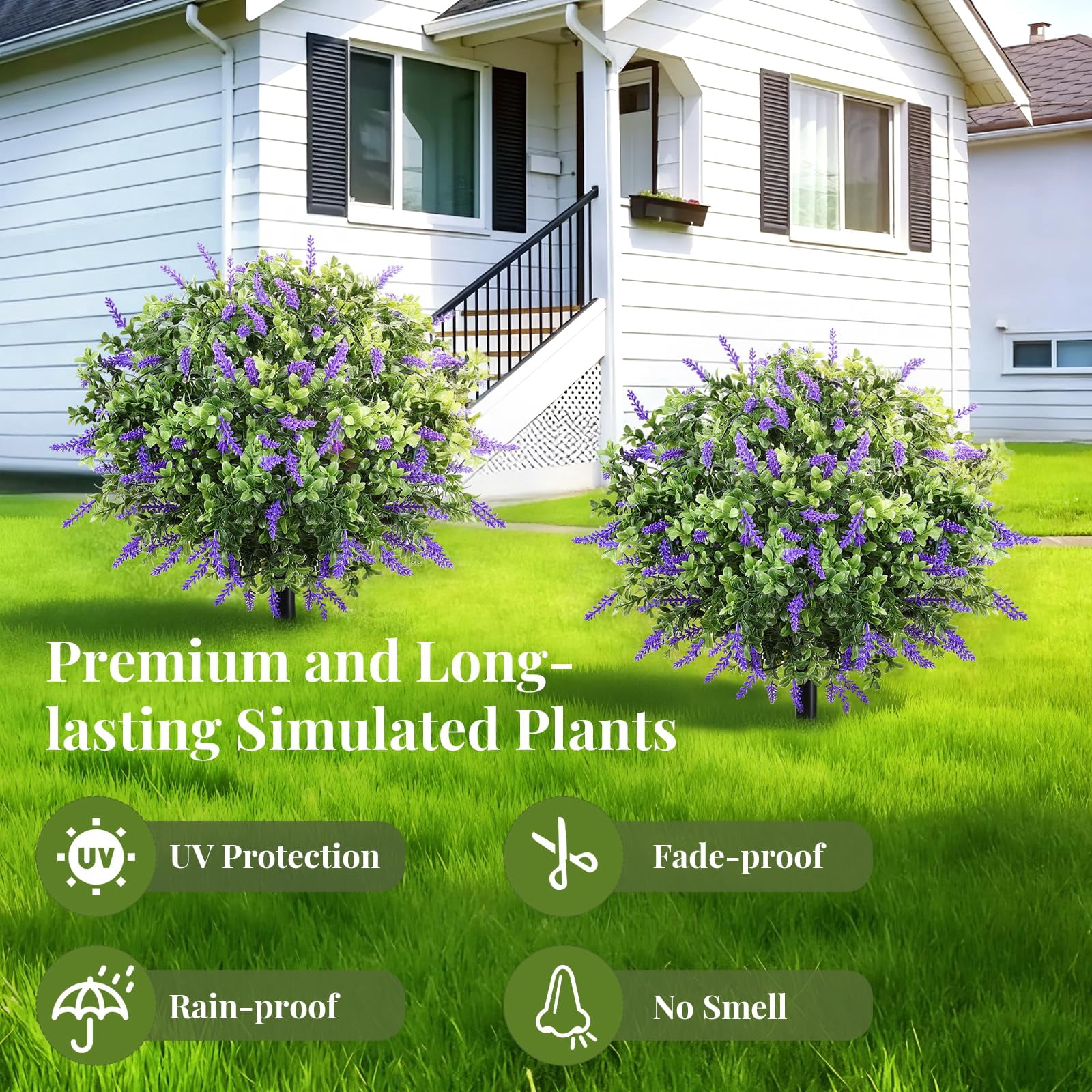 Lewondr Artificial Lavender Boxwood Topiary Ball Plants, 2 Pack Fake Plants for Outdoor with LED Lights, Faux Bushes with Ground Spike for Garden, Patio, Porch, Yard Decor
