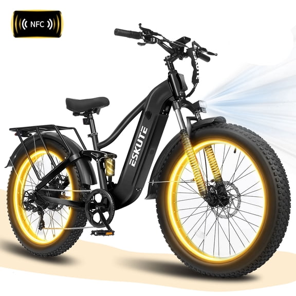 ESKUTE C300R Electric Bike for Adults, 20MPH-Speed 750W Motor, 80-Mile Range 48V 20.8Ah Battery, 26"x4.0" Fat Tire Ebike, Full Suspension, 8-Speed Black, UL2849