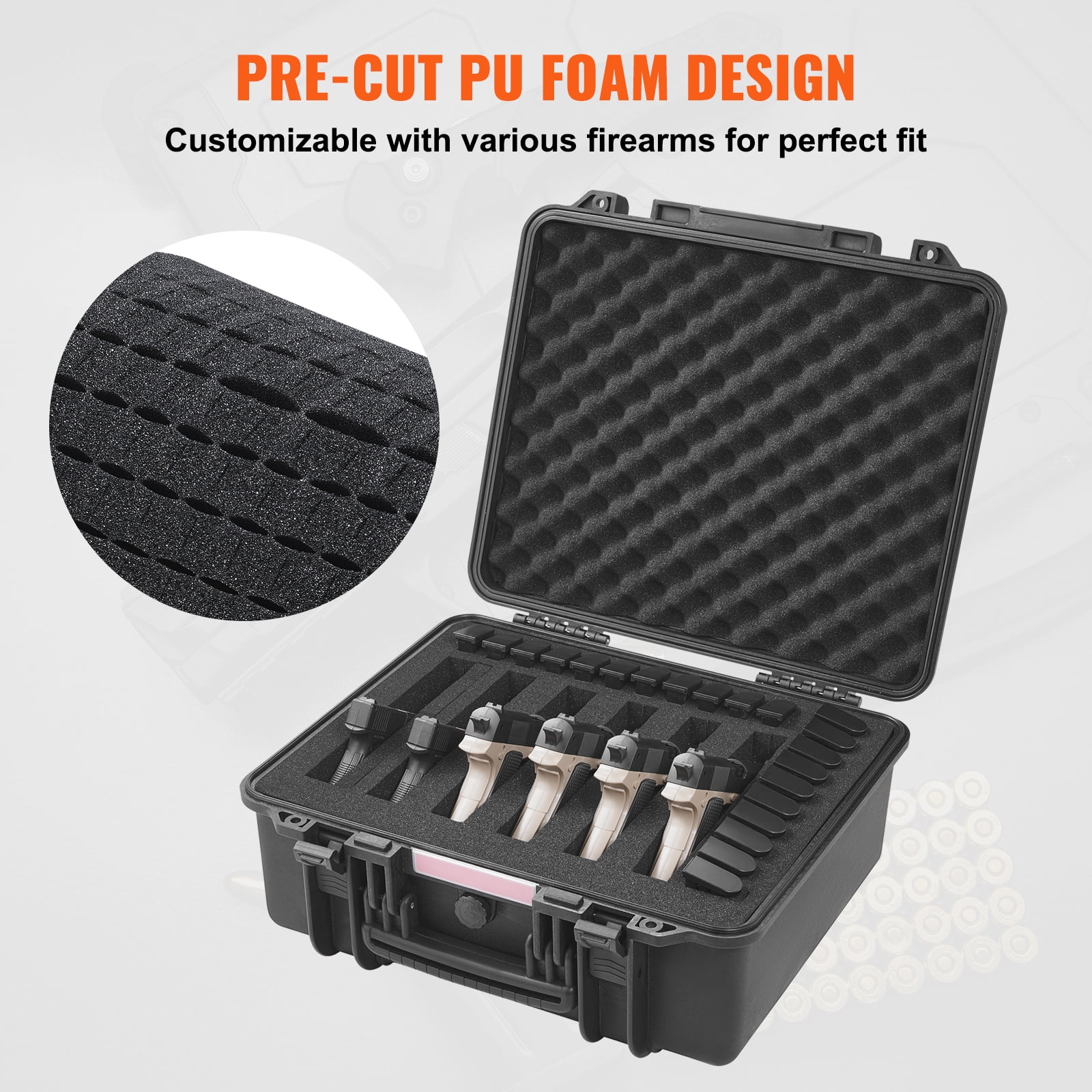 SKYSHALO Durable Pistol Containers with Customizable Foam Inserts, Water-Resistant & Secure Hard Handgun Case for Six Pistols, Dimensions 19.3x17.1x8.3 Inches, Features Lock Mechanism, Color: Black