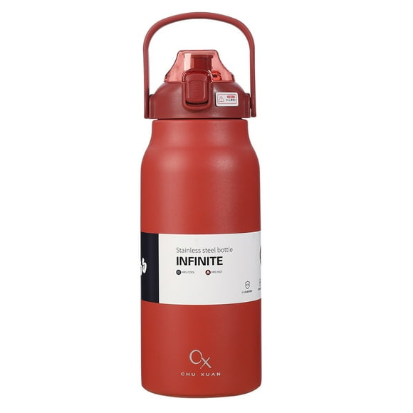 Botella de agua al vacío térmica Billuyoard de gran capacidad con asa de elevación a prueba de fugas tipo pajita de acero Cocina y Comedor Rojo 1300ml