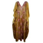 Mogul Womens Kimono Silk Kaftan Double Shaded Floral Embroidered Kashmiri Caftan Evening Dresses Kaftan Maxi Dress Golden Brown luxury Caftan Cover Up