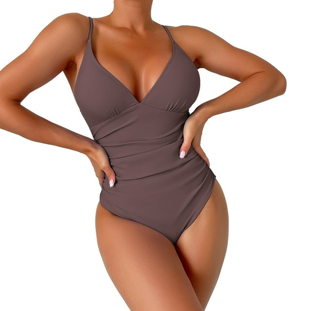 PEASKJP Womens Floral One Piece Swimsuit Beach Sport Conjoined Swimwear Vacation Pool Party, Coffee S