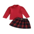 thumbnail image 1 of Filles Automne 2 Pièces Tenues Rouge Manches Longues Côtelées Tops une Ligne à Carreaux Ensembles de Jupe 1-2 Ans, 1 of 7
