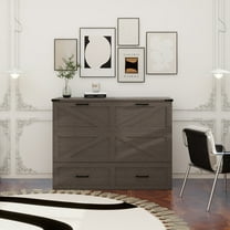 Full Size Farmhouse Murphy Cabinet Bed with Charging Station, Foldable Platform Bed with Large Storage Drawer for Guest-Room, Small Bedroom, Rustic Gray