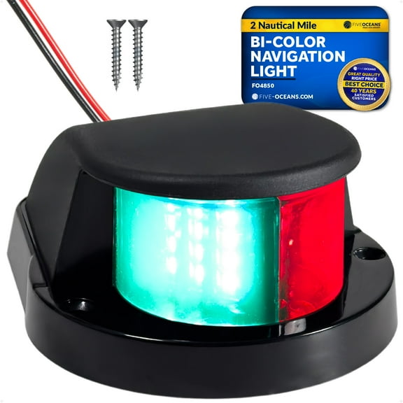 Five Oceans LED Bi-Color Bow Boat Navigation Lights, Red/Green, Horizontal Mount, 12-30V, IP66 Waterproof, 2NM USCG, Black ABS Housing - FO4850