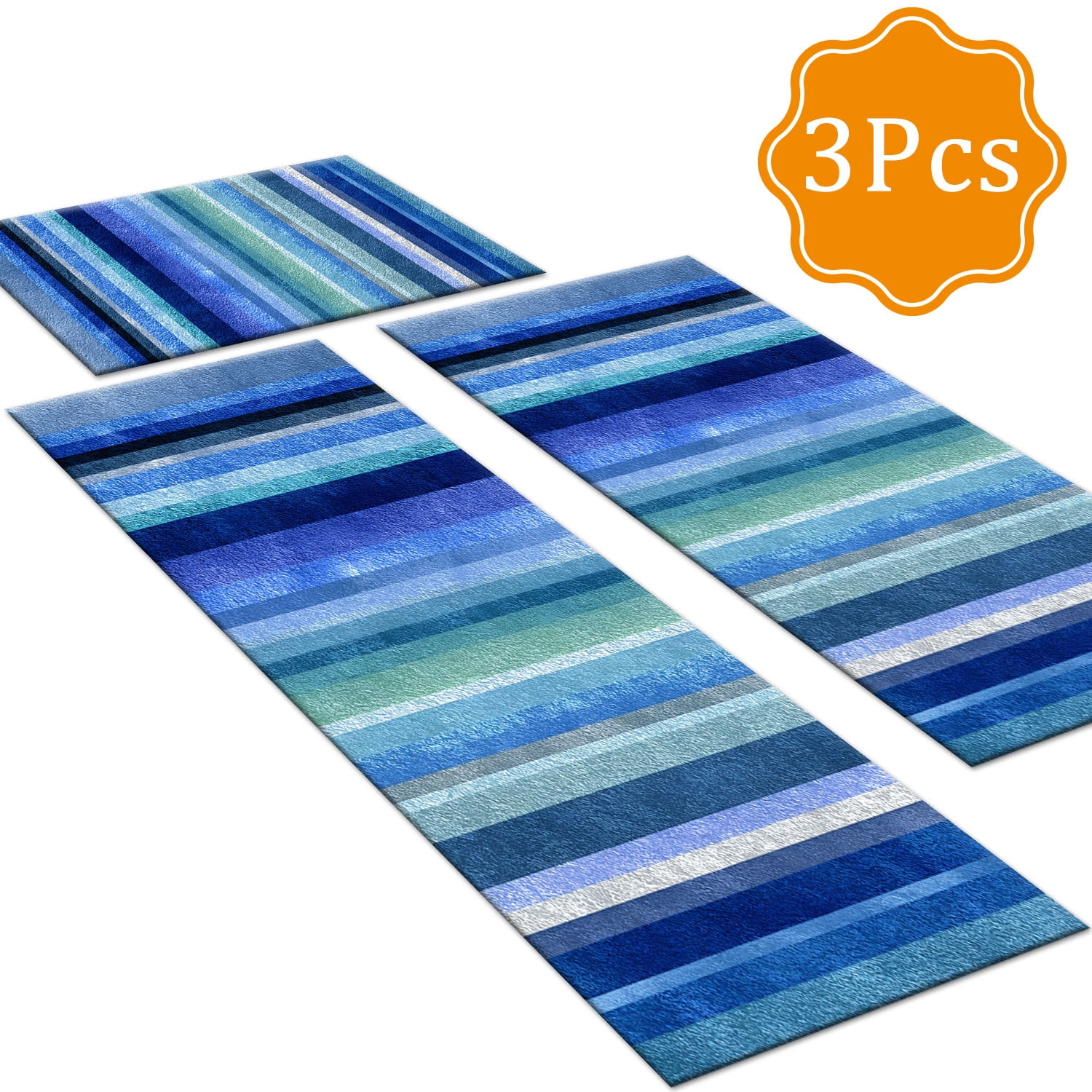 3-Piece Farmhouse Kitchen Rug Set, Washable Anti Slip Striped Floor Mats in 3 Sizes, Stain Resistant Decor Rugs for Kitchen Hallway Bathroom Home Christmas Decor