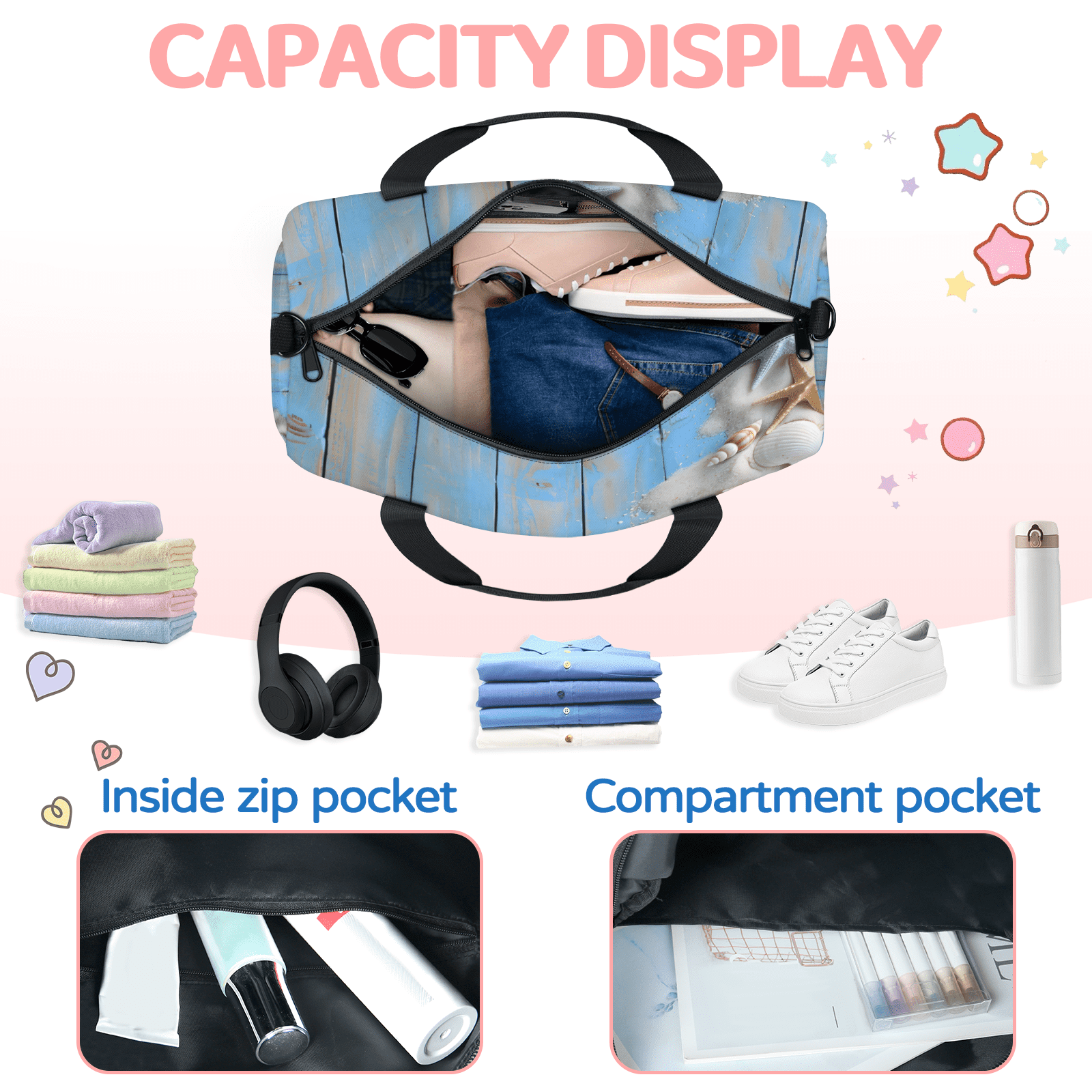 Herdesigns Beach Theme Travel Duffle Bag Sports Yoga Weekender Overnight Carry on Workout Bags Lightweight Waterproof Gym Tote Bag for Women