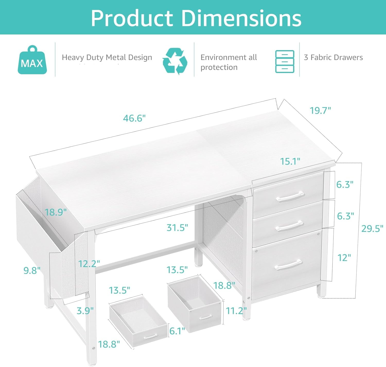 Lufeiya White Computer Desk with Fabric File Drawers Cabinet, 47 Inch Home Office Desks with Filing Cabinet for Small Space, Modern Writing Table PC Desks, White