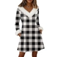 thumbnail image 2 of Women's Knit Dress Long Sleeve V-Neck Flannel Plaid Print Knee Length Dress with Pockets for Fall Casual Loungewear,Gray,M, 2 of 6