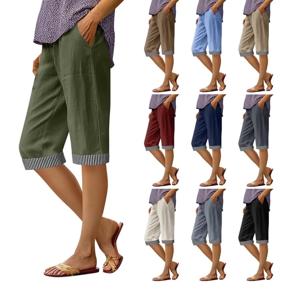 VBVC Women's Cotton Linen Striped Cuffs Capri Pants with , Wide Leg Summer Trousers For Women , Ladies' Casual Knee Length Shorts with Pockets, S-3XL