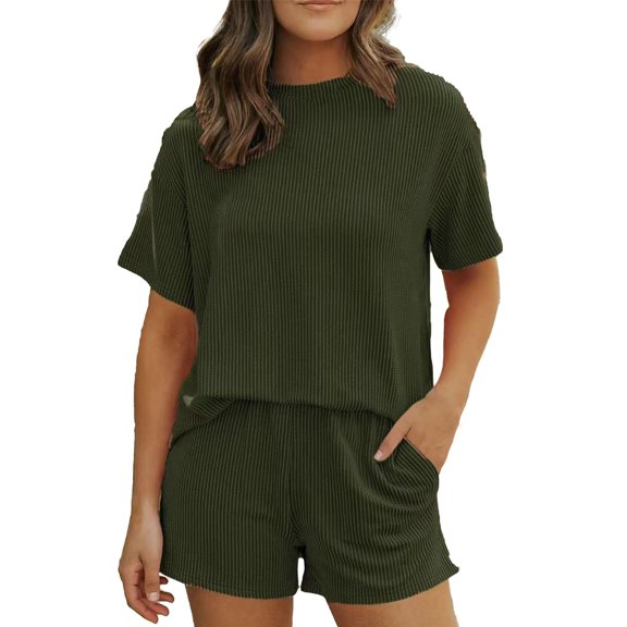 Delconic Women’s Summer Ribbed Crew Neck Short Sleeve Top and Shorts Set Casual Two Piece Outfits for Daily Wear Lounge Home Army Green L