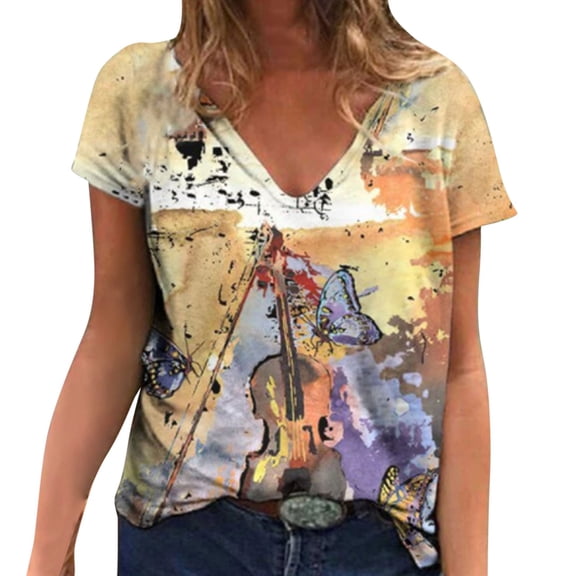 KBZDBZC Womens T Shirts Women's Butterfly Print Loose Short Sleeve Women's T Shirt Womens Tops (Yellow,S)