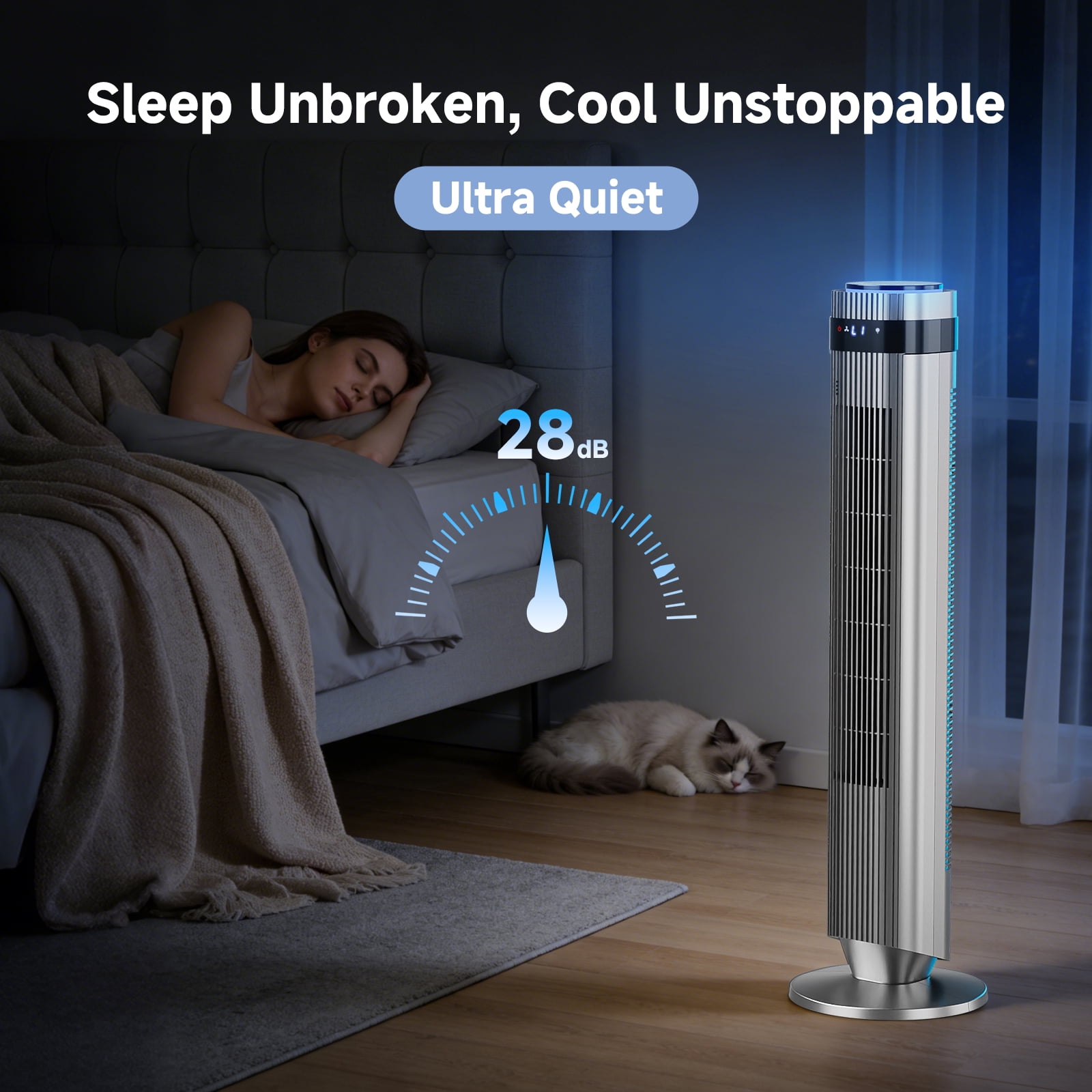 JIOABL Bladeless Tower Fan: 5 Speed Settings, 4 Modes, 25Ft/s Breeze, & Customizable Timer for Peaceful Sleep & Optimal Airflow, Gray