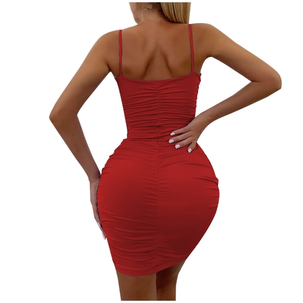 Hinvhai Women's Deep V Neck Ruched Bodycon Mini Dress Clearance Spaghetti  Strap Cocktail Wedding Party Short Dresses Red XS(XS)