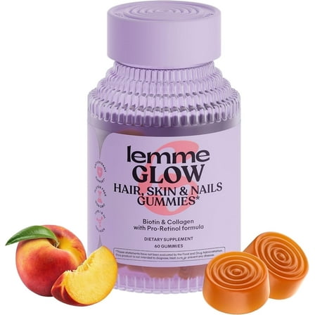 Lemme Glow Collagen Gummies for Thick Hair, Strong Nails & Healthy Skin with Multi-Collagen Peptides, Biotin, Trace Minerals, Zinc, Vitamins A, C & E, Dairy & Gluten Free, Peach Flavor, 60 Count