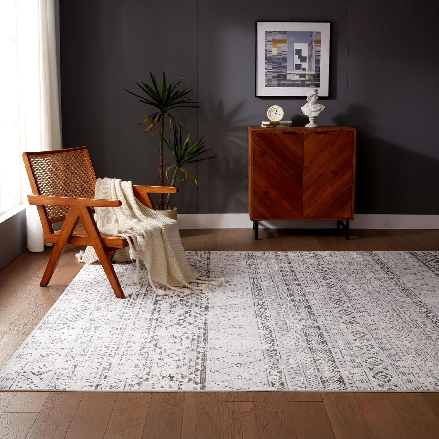 Sleep Zone 4x6 Washable Non Slip Area Rug Grey Boho Farmhouse, Wave edge Scalloped Water Resistant Rug for Bedroom Living room