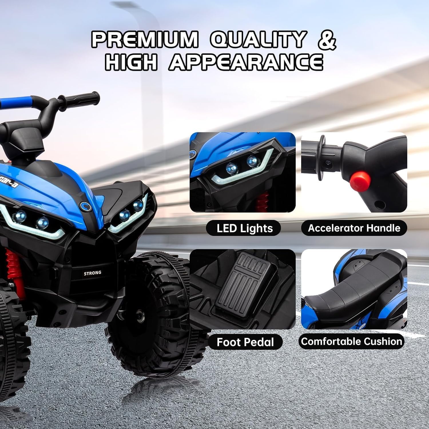 Roromall 12V Kids Ride On ATV, Battery Powered, Electric 4-Wheeler with Music, Led Lights, High and Low Modes, USB, Treaded Tires, Suitable for Boys and Girls
