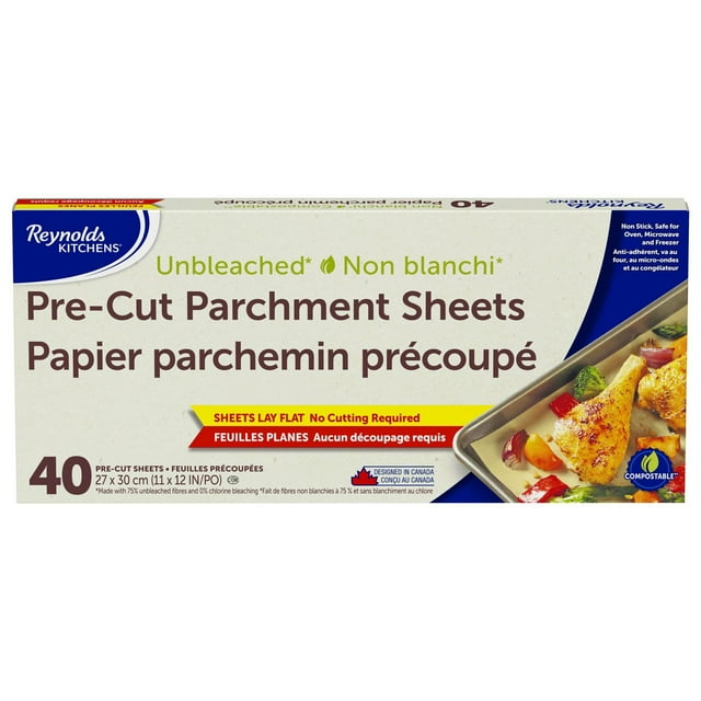Reynolds Kitchens Pre Cut Parchment Sheets, Unbleached Compostable Parchment Paper, 40 Sheets